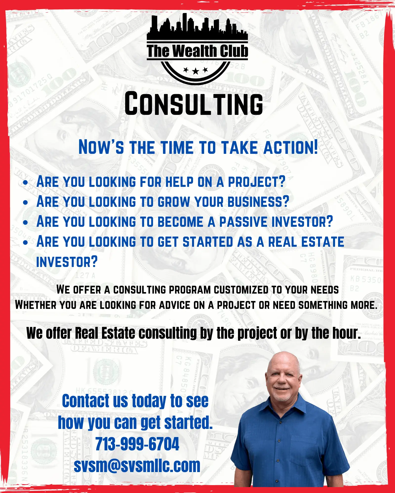 Consulting service flyer offering guidance on real estate investments and personal growth.